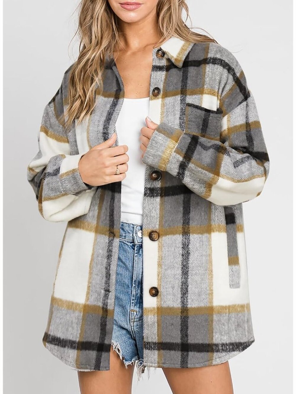Womens Grey-Khaki Fall Plaid Long Sleeve Bust Pocket Button Down Flannel Shacket - Picture 2 of 5